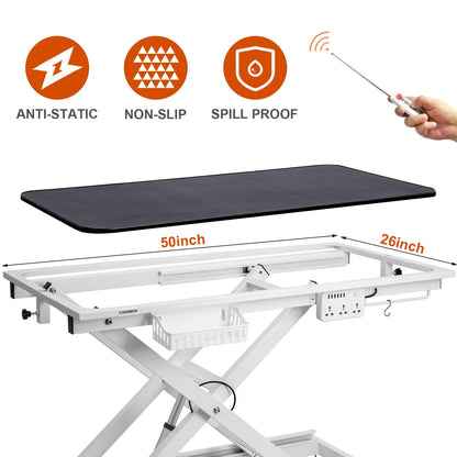 CIRONBOW 50'' Electric Dog Grooming Table, Adjustable X Lift Heavy Duty Dog Grooming Table for Large Dogs with Anti-Skid Tabletop & Grooming Scissors & Wireless Remote &Tool Organizer & Arms, White