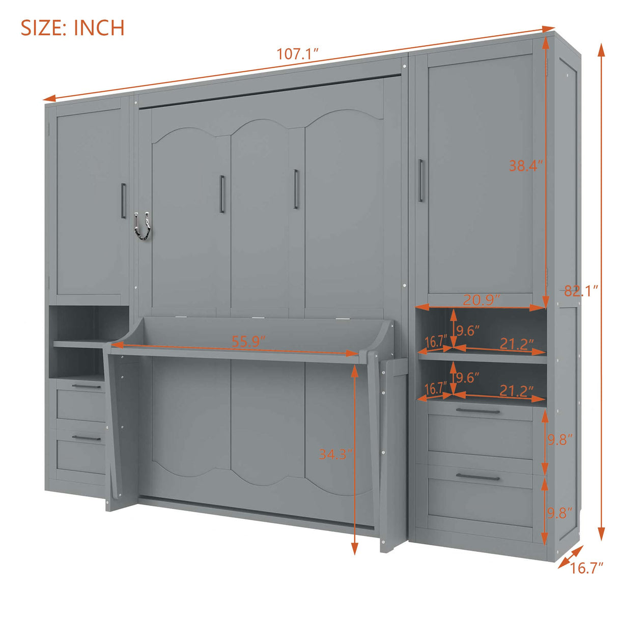 Merax Full Size Murphy Bed with Desk, Space-Saving Wall Bed Frame with Closet, Drawers and Shelves, Multifunctional Foldable Platform Bed for Small Spaces Studio Study Office Guest Room, Gray Merax