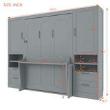 Merax Full Size Murphy Bed with Desk, Space-Saving Wall Bed Frame with Closet, Drawers and Shelves, Multifunctional Foldable Platform Bed for Small Spaces Studio Study Office Guest Room, Gray Merax