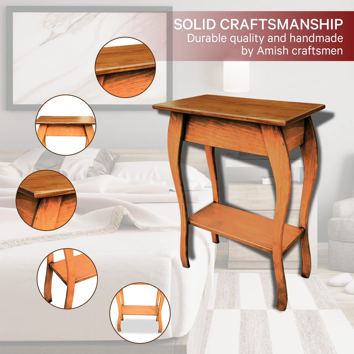 Peaceful Classics Wooden End Table- Amish Handmade Slim Side Table for Living Room, Bedroom, Entry Way, & Hallway, Thin Narrow End Table with 2-Tiered Shelves for Display & Storage, Cherry Peaceful Classics