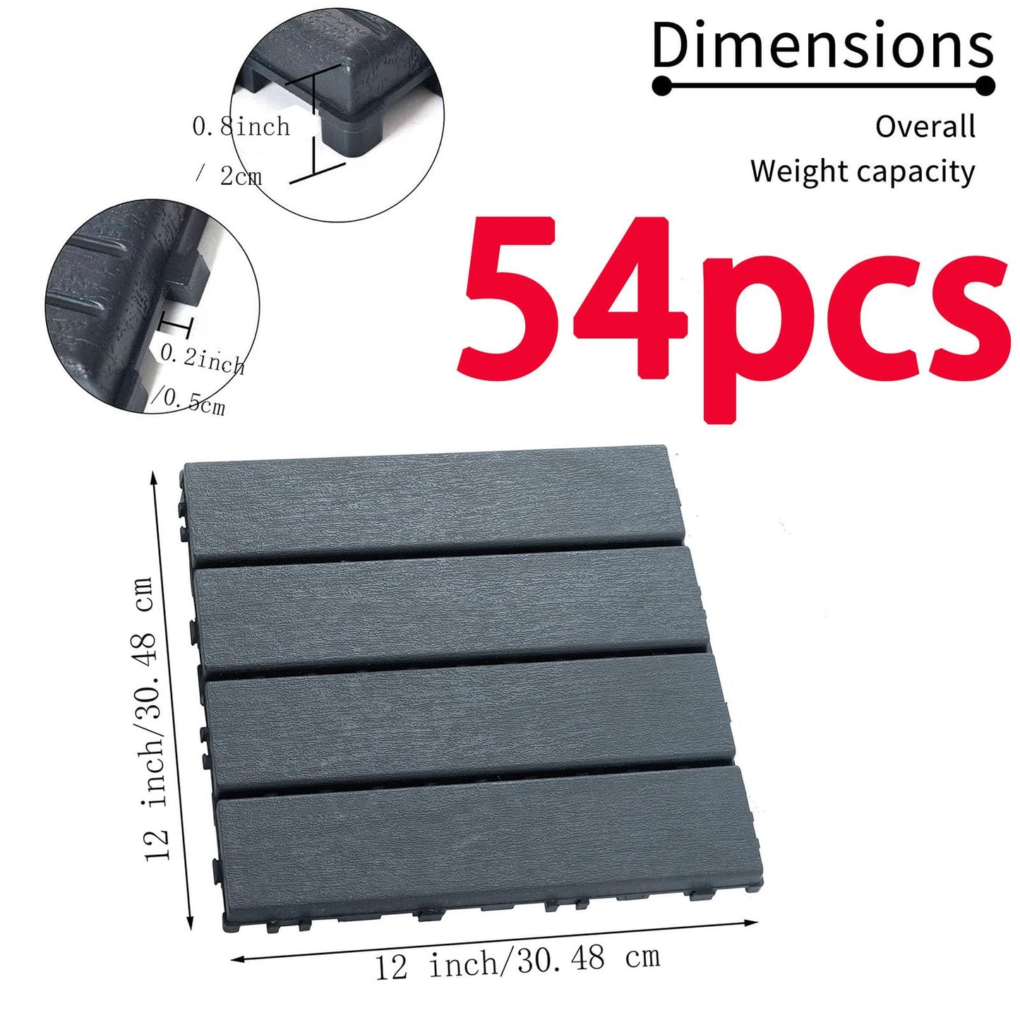 54 PCS Plastic Interlocking Deck Tiles, 12"x12" Waterproof Outdoor Flooring Easy to Install, Patio Floor Decking Tiles for Balcony, Backyard, Pool, Garden Balcony Decorations (54, Gray, 12'' x 12'')