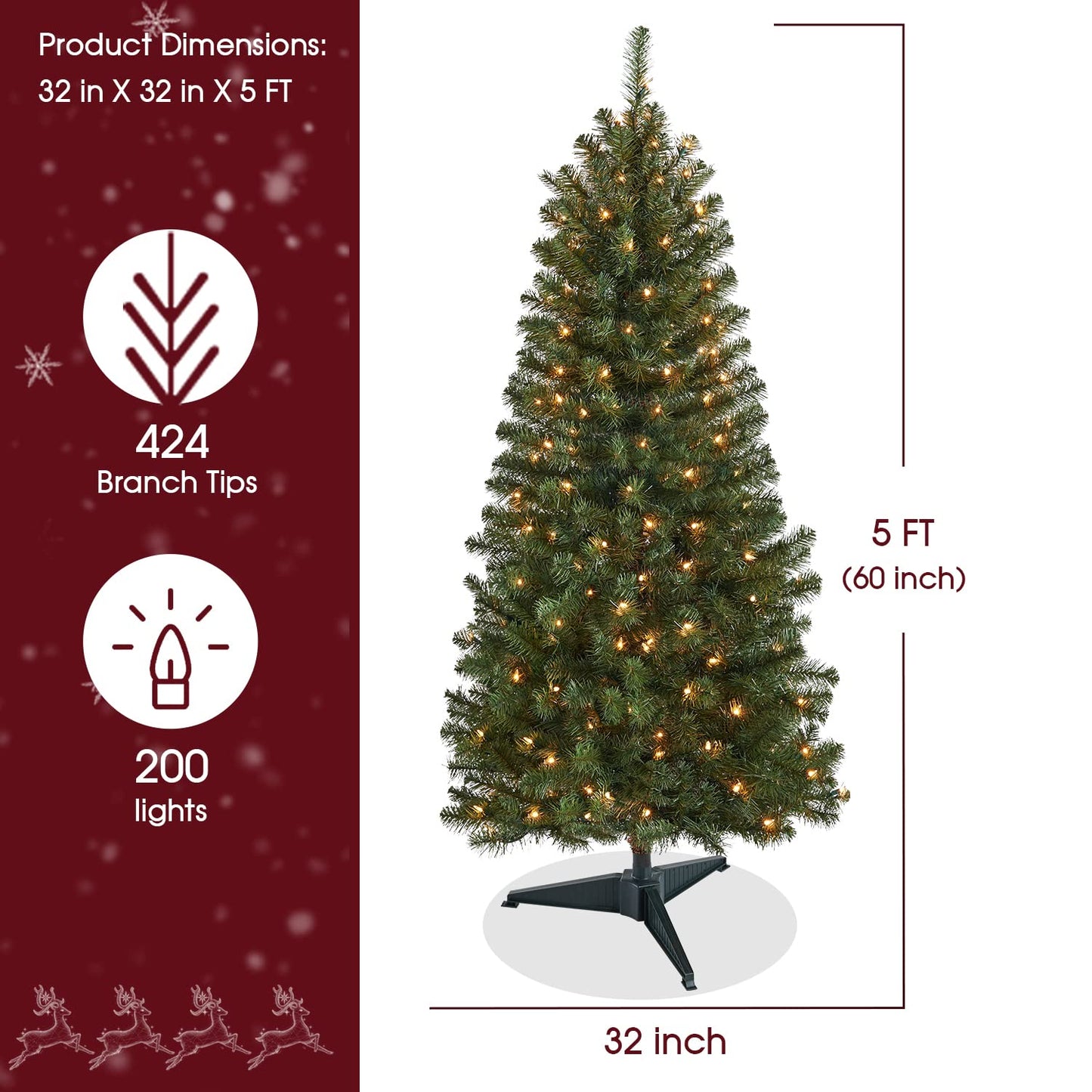 New One 5 Feet Christmas Tree Prelit Artificial Christmas Everett Pine Tree, with 424 Branch Tips, 200L Incandescent Clear Lights