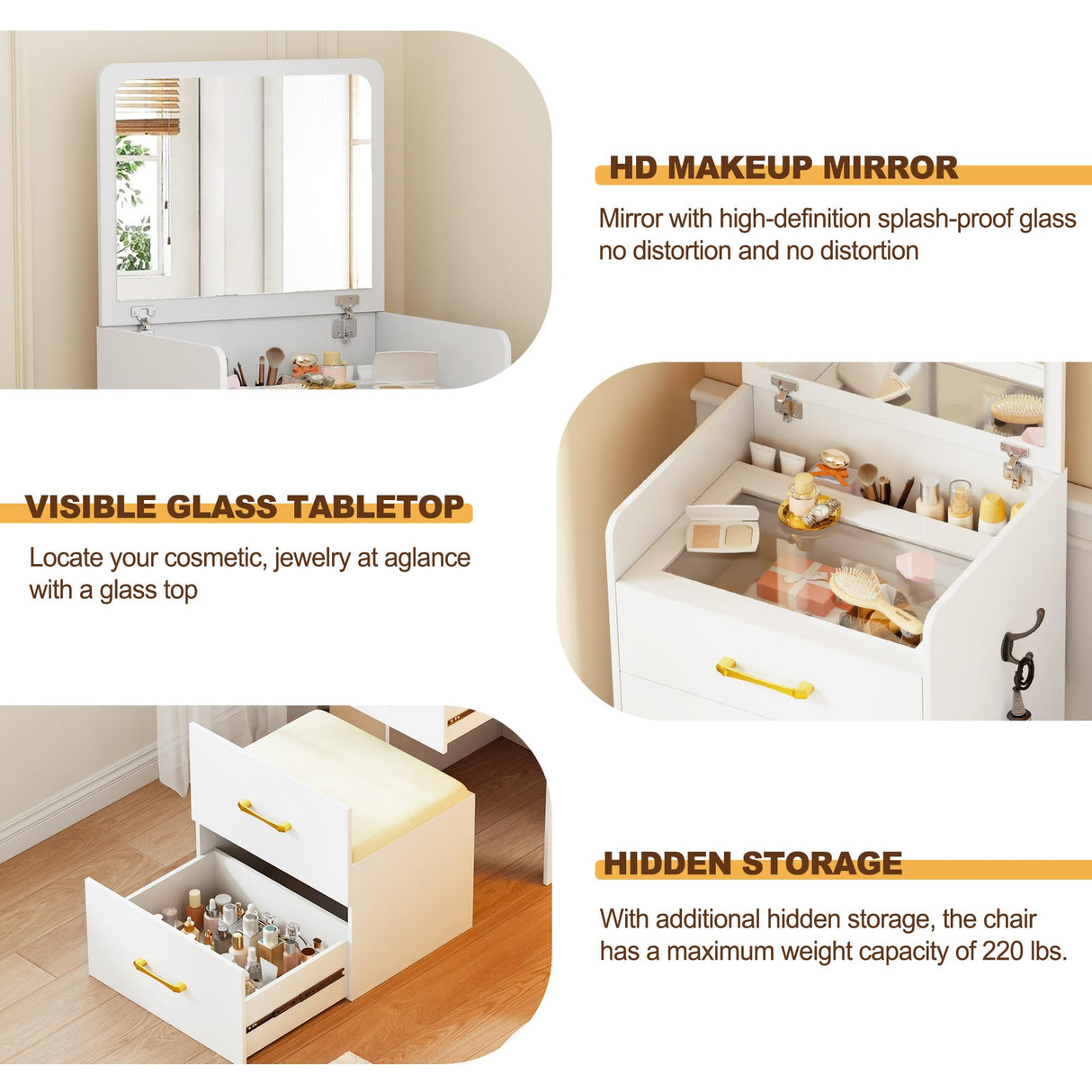 Lvifur 3-in-1 Vanity Desk with Flip Top Mirror, Makeup Vanity Table with Cushioned Stool for Small Space, Compact Dressing Table, Vanity Set for Bedroom Lvifur