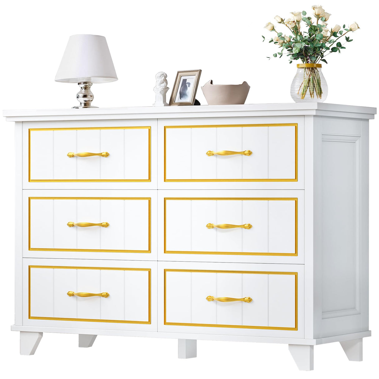 DWVO Farmhouse Wooden Dresser TV Stand with Power Outlet, 6-Drawer Dresser with Large Storage Drawers and Bar Handles, Ideal for Living Room, Hallway, 47.2" L x 15.7" W x 33.4" H - White & Walnut DWVO