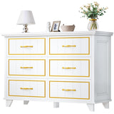 DWVO Farmhouse Wooden Dresser TV Stand with Power Outlet, 6-Drawer Dresser with Large Storage Drawers and Bar Handles, Ideal for Living Room, Hallway, 47.2" L x 15.7" W x 33.4" H - White & Walnut DWVO