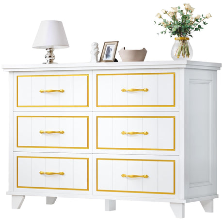 DWVO Farmhouse Wooden Dresser TV Stand with Power Outlet, 6-Drawer Dresser with Large Storage Drawers and Bar Handles, Ideal for Living Room, Hallway, 47.2" L x 15.7" W x 33.4" H - White & Walnut DWVO