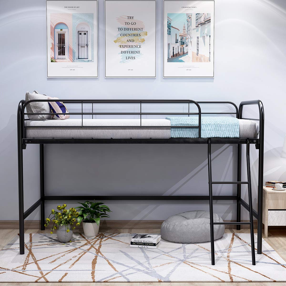 JURMERRY Metal Loft Twin Bed with Sturdy Steel Frame, High Sleeper Multipurpose Use Full-Length Guardrails & One Integrated Ladders Space- with Strong Board Slats,Black JURMERRY