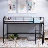 JURMERRY Metal Loft Twin Bed with Sturdy Steel Frame, High Sleeper Multipurpose Use Full-Length Guardrails & One Integrated Ladders Space- with Strong Board Slats,Black JURMERRY