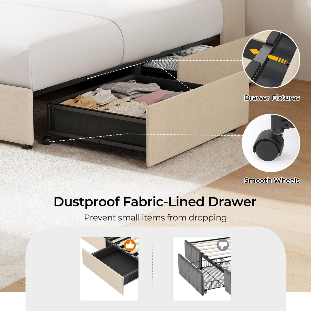 koorlian Queen Size Upholstered Bed Frame with 4 Storage Drawers and 51'' Tall Headboard Wingback Platform Bed Frames with RGB LED & USB Charging, 3 Adjustable Height, Noise-Free/Metal Support, Beige koorlian