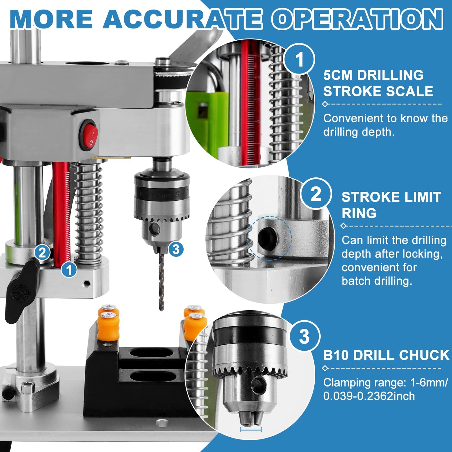 MXBAOHENG Mini Desktop Drill Press 7-speed Micro Drill Press with Work Light for Wood, Crafts and Jewelry Making, Small Table Drilling Machine 795 Motor B10 Chuck, with Belt and Motor Protect - WoodArtSupply