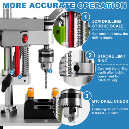 MXBAOHENG Mini Desktop Drill Press 7-speed Micro Drill Press with Work Light for Wood, Crafts and Jewelry Making, Small Table Drilling Machine 795 Motor B10 Chuck, with Belt and Motor Protect - WoodArtSupply