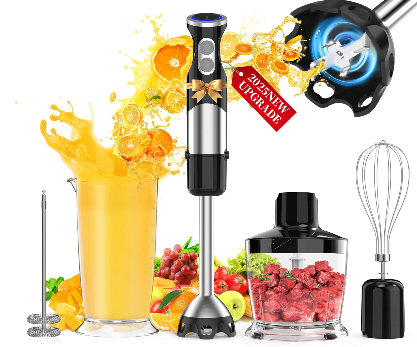 Immersion Blender 5 in 1 Handheld Blender - 1100W Scratch Resistant Blender Stick, 12 Speed and Turbo Boost Hand Blender with Chopper,Beaker,Whisk and Milk Frother for Milkshake Puree Smoothie Food