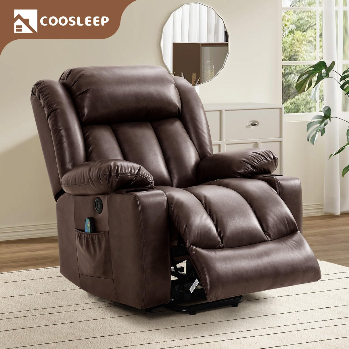 COOSLEEP Power Lift Recliner Chair for Elderly with Massage and Heat, Breathable Leather Recliner Chair for Adults, 2 Cup Holders, USB Ports, Electric Support of Metal,Remote, Xmas Gift(Borwn) COOSLEEP HOME