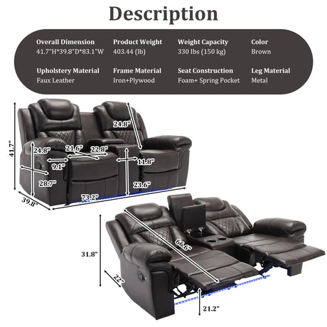 Olodumare Leather Reclining Sofa Set,Home Theater Seating with Center Console, LED Light Strip, and Storage Cup Holders, 2 Seater for Living Room,Office,Home Theater,RV. Loveseat(Brown) Olodumare