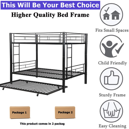 ZMIZAKOY Heavy Duty Full Over Full Bunk Bed with Trundle for Kids Adults Teens, Metal Bunk Bed with Sturdy Guard Rail & 2 Side Ladders, Convertible Bunkbed, No Box Spring Needed (Black)