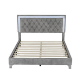 Elegant LED Velvet Platform Bed Frame with Tufted Headboard and Nightstands - 3-Piece Bedroom Set in Grey Merax