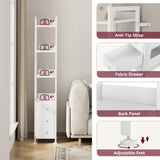 KLUVIS White Narrow Bookshelf with 3 Drawers - 4 Tier Thin Book Shelf for Small Spaces Skinny Shelves Slim Farmhouse Fabric Drawer 60 inch Tall (04W) KLUVIS