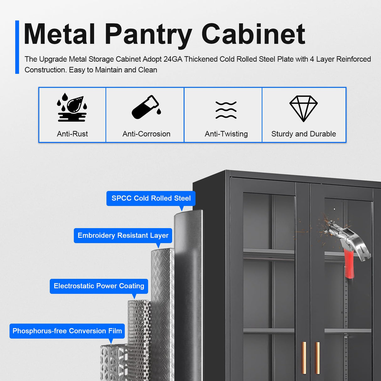 Polup Display Cabinet with Glass Doors, Black Curio Cabinet with Lock, 71“ Tall Display Case for Living Room, Bookcase for Home, Clinic, School (Black)- Assemble Required Polup