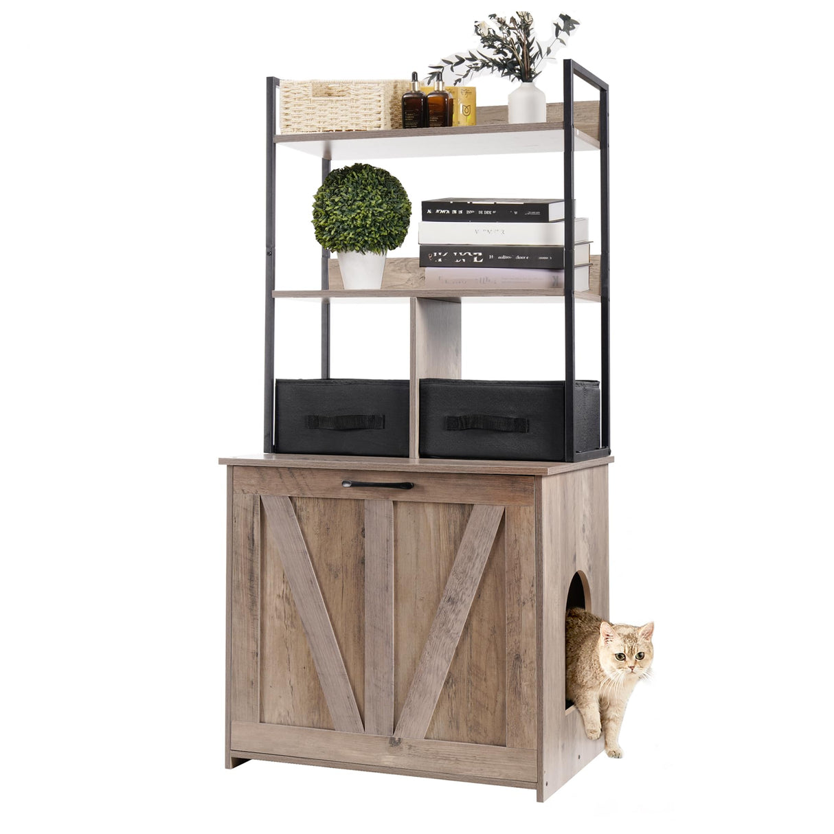 Dwanton Litter Box Enclosure with 2 Storage Shelves and 2 Drawers, 2-in-1 Hidden Cat Litter Box Enclosure Furniture with Shelf, Reversible Entrance, Washable Drawers, 50-Inch, Greige Dwanton