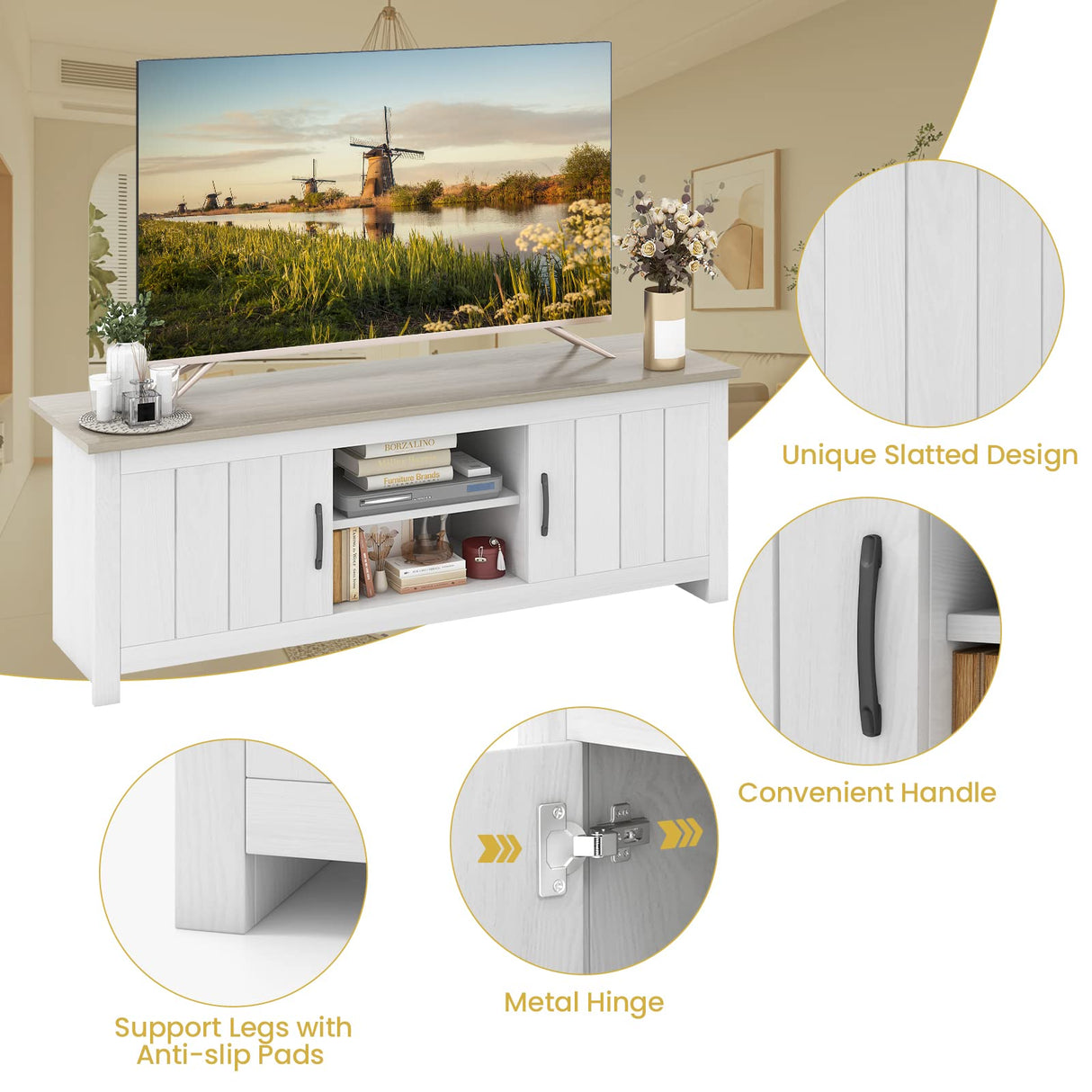 Tangkula 2 Doors TV Stand for TVs up to 65”, 57” TV Console Table w/ 2 Cabinets & Open Shelves, 2 Cable Management Holes. Wood Media Entertainment Center TV Cabinet for Living Room (White Oak) Tangkula