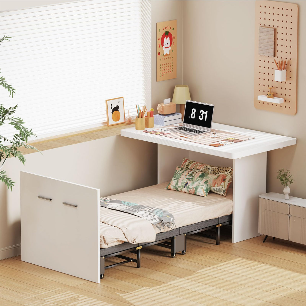 Meulbaty 2 in 1 Murphy Bed Cabinet with Mattress, Hide a Bed Cabinet, Folding Beds into Cabinets, Space-Saving Pull Out Murphy Beds Chest for Small Place Office Nap Narrow Twin Size Meulbaty