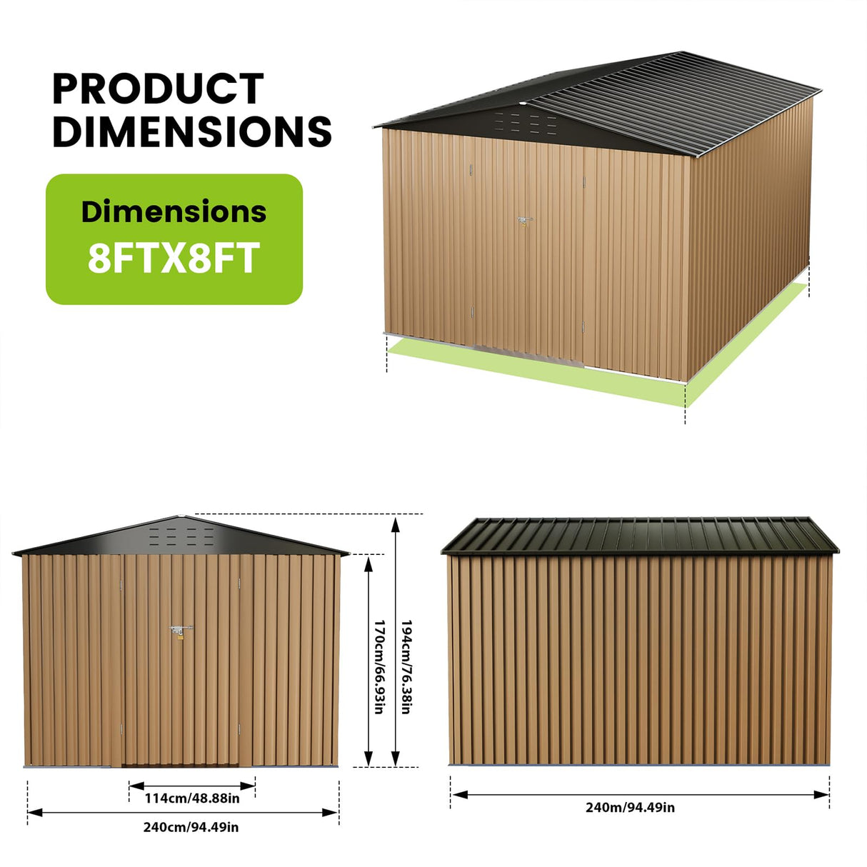 Large Metal Storage Sheds, 8x8 FT Outdoor Storage Shed with Updated Frame Structure, Lockable Doors and Air Vents, Metal Garden Tool Shed for Garden,Backyard,Patio,Lawn, Brown Hipicute