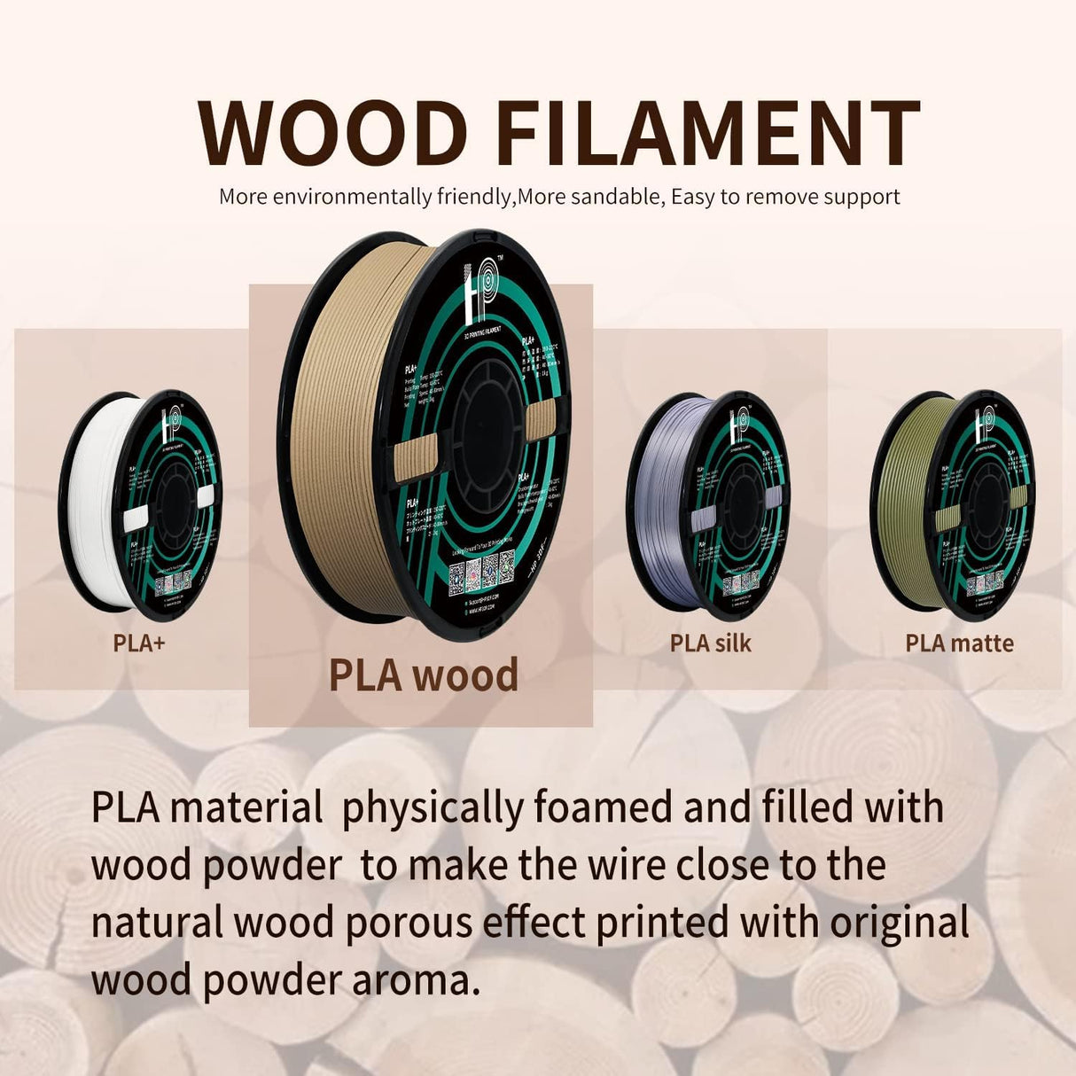 HP3DF PLA Filament, Wood PLA, 3D Printer Filament, PLA Filament 1.75mm Dimensional Accuracy +/- 0.02mm, 1KG Spool (2.2 lbs), Fit Most FDM Printer (Wood) HP3DF