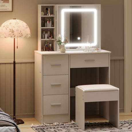 Vanity Desk with Mirror and Lights, Makeup Desk with Power Outlet & Chair, Vanity Table with Sliding Mirror & Led Lighted Mirror in 3 Colors, Small Vanity Set with 7 Storage Shelves 4 Drawers Duoku