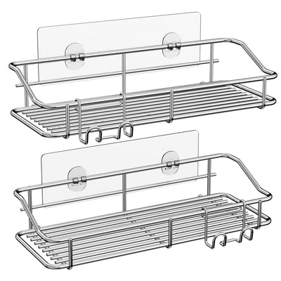 Nieifi Shower Caddy Shelf Storage Rack Adhesive Without Drilling Stainless Steel with Hooks for Washroom, Lavatory, Restroom, Toilet, Bathroom, Kitchen - 2 Pack