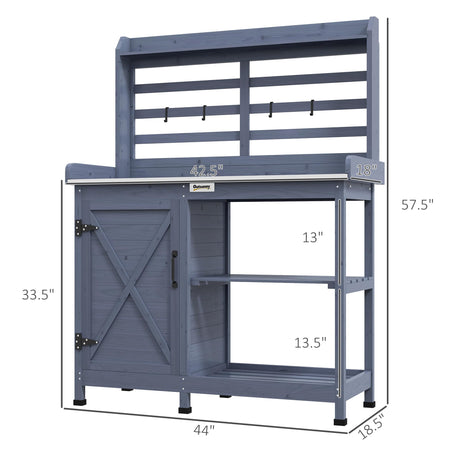 Outsunny Outdoor Wooden Potting Bench Table, Garden Workstation with Storage Cabinet, Storage Shelves for Backyard, Patio, Balcony, Gray Outsunny