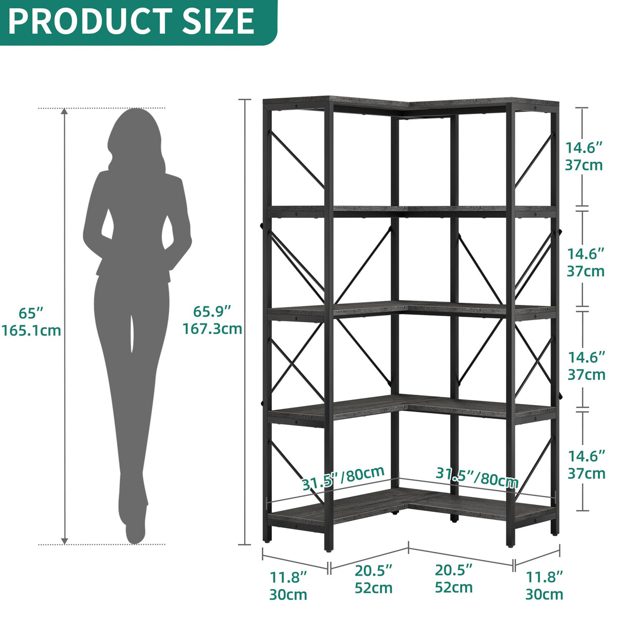 YITAHOME 5-Tier Industrial Corner Bookshelf in Charcoal Gray and Black YITAHOME