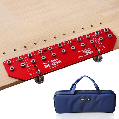 RUITOOL Shelf Pin Jig 11 Holes, Self-contained Clamping Function All Metal Shelf Pin Drilling Jig with 1/4" and 5mm Drill Bit, Shelf Hole Jig and Cabinet Hardware Jig Tool Drill Guide with Storage Bag RUITOOL