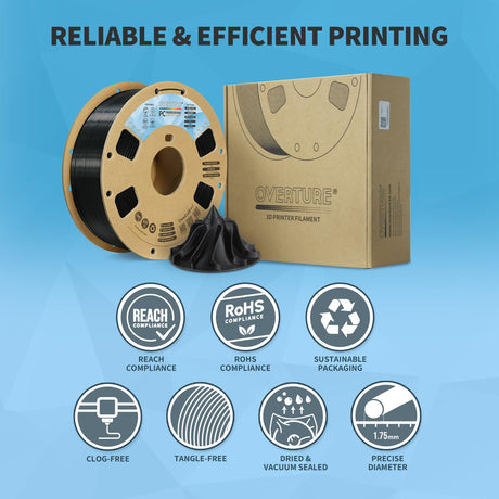 OVERTURE Tough PC Professional Filament, Cardboard Spool, 1kg(2.2lbs), Dimensional Accuracy Probability +/- 0.02mm, Fit Most FDM Printer (Black) OVERTURE