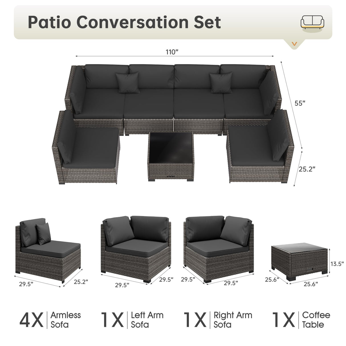 LHBcraft 7 Piece Patio Furniture Set, Outdoor Furniture Patio Sectional Sofa, All Weather PE Rattan Outdoor Sectional with Cushion and Glass Table, Clips LHBcraft