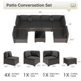 LHBcraft 7 Piece Patio Furniture Set, Outdoor Furniture Patio Sectional Sofa, All Weather PE Rattan Outdoor Sectional with Cushion and Glass Table, Clips LHBcraft