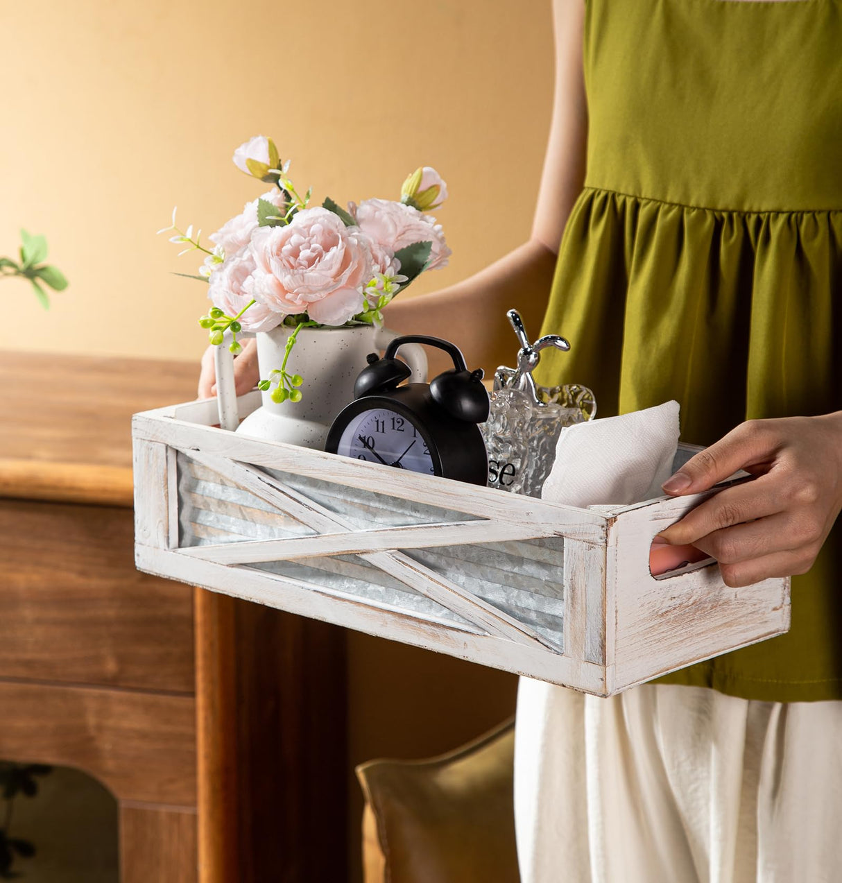 Venalys Wooden Toilet Tank Basket, Rustic Bathroom Decor Box, Farmhouse Toilet Paper Organizer Holder, Decorative Bathroom Storage Basket, Barn Door (Whitewash) Venalys