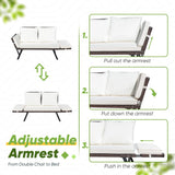 Greesum Outdoor Sofa, Woven Rattan Patio Furniture, Convertible Daybed or Double Chair with Adjustable Armrests, Cushions and Pillows for Yard, Porch, Pool, Brown Lounger & Beige Pillowcase Greesum