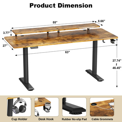 JUMMICO Electric Standing Desk, Adjustable Height Desk 63 x 27 Inch with Monitor Stand, Home Office Computer Desk (Rustic Brown) - WoodArtSupply