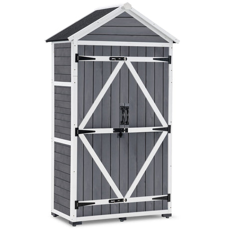 MCombo Outdoor Storage Cabinet with 2 Shelves, Outside Storage Shed with Floor, Wooden Garden Tool Shed with Latch for Yard Deck Lawn, 1000 MCombo
