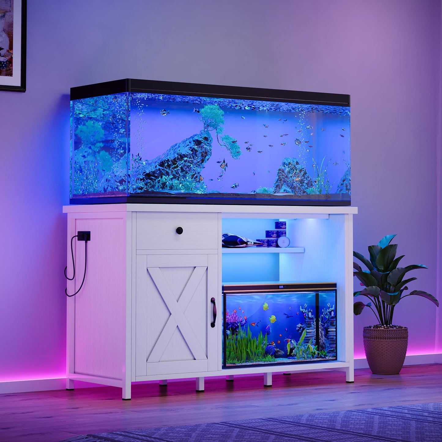 4ever2buy 55-75 Gallon Aquarium Stand with Power Outlets & LED Light, Metal Frame Fish Tank Stand with Drawer & Barn Door, Turtle Reptile Terrariums Stand with Fish Tank Accessories Storage (White)