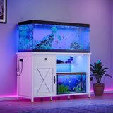 4ever2buy 55-75 Gallon Aquarium Stand with Power Outlets & LED Light, Metal Frame Fish Tank Stand with Drawer & Barn Door, Turtle Reptile Terrariums Stand with Fish Tank Accessories Storage (White) 4ever2buy