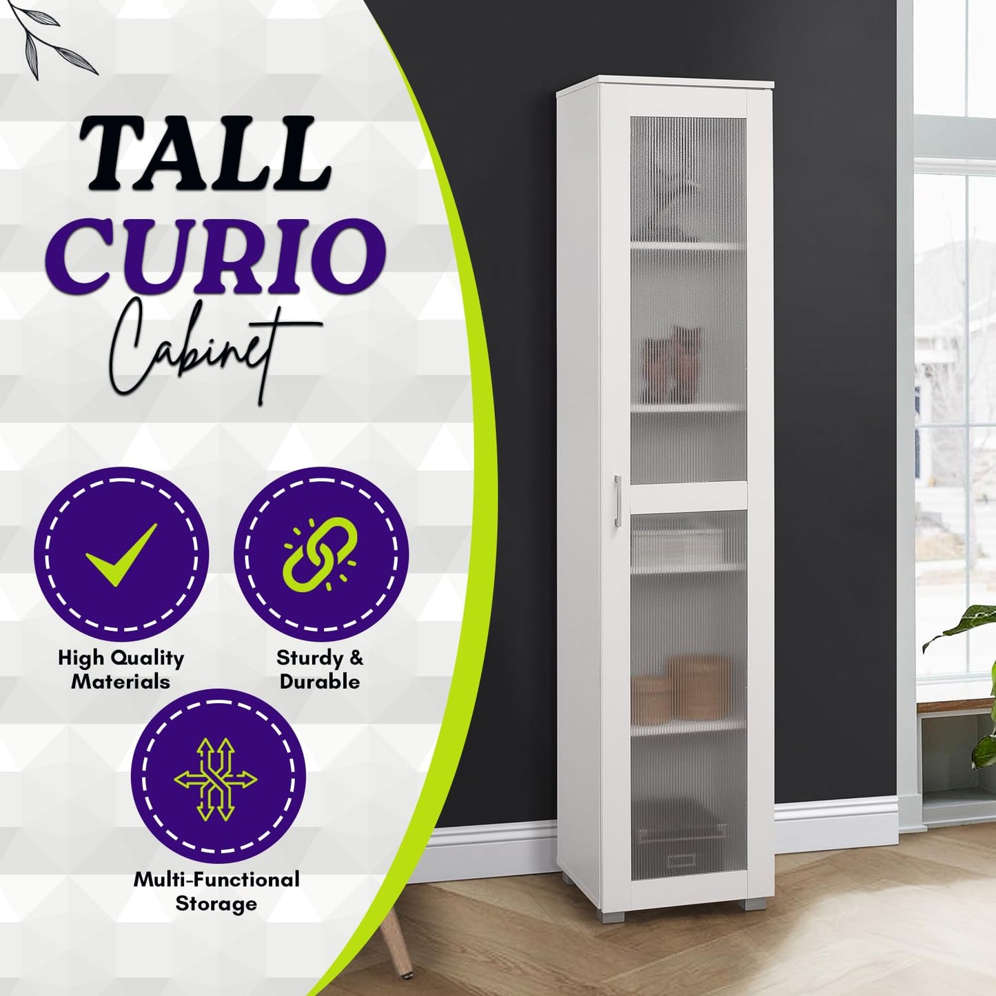 Kings Brand Furniture Romero Tall Curio Storage Cabinet - Tall Bookshelf Perfect for Living Room, Kitchen, Bedroom & Office - Storage Cabinet with 5 Storage Shelving & 1 Glass Door Display - White