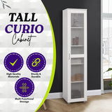 Kings Brand Furniture Romero Tall Curio Storage Cabinet - Tall Bookshelf Perfect for Living Room, Kitchen, Bedroom & Office - Storage Cabinet with 5 Storage Shelving & 1 Glass Door Display - White Kings Brand Furniture