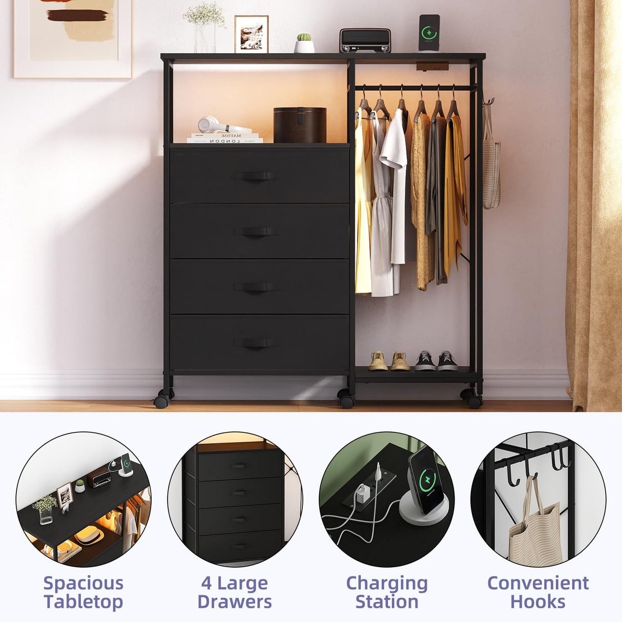 Seeday Dresser for Bedroom with Clothes Rack, 4 Drawers Dresser with Charging Station and LED Lights, Storage Chest of Drawers with Wheels, Wooden Top, for Closet, Living Room, Hallway, Black Seeday