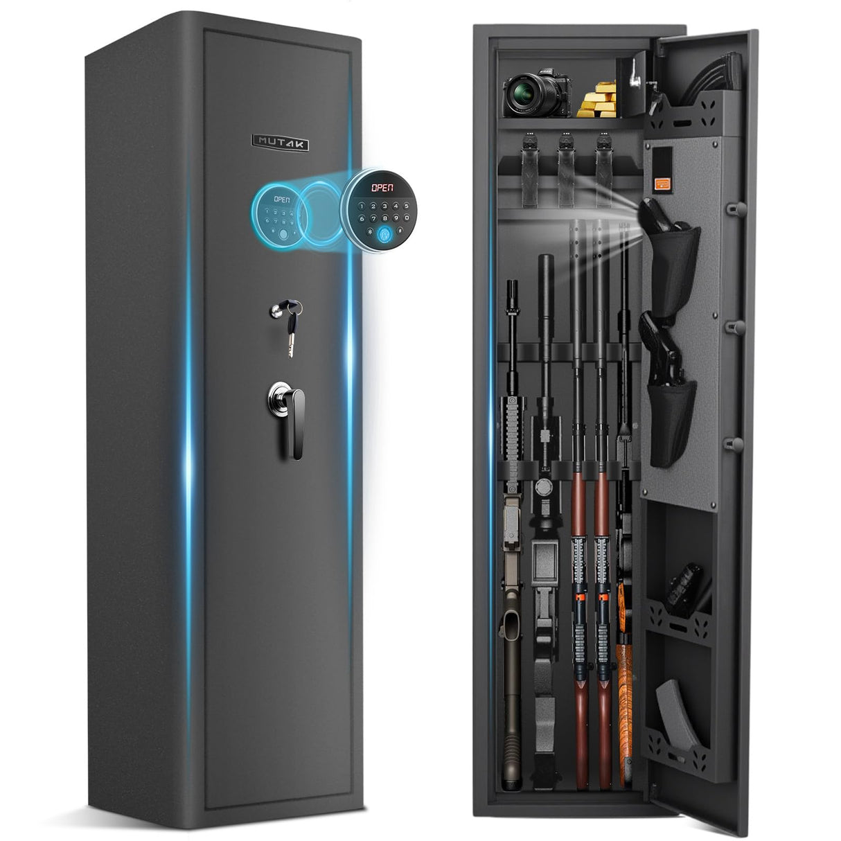 Mutak 4-5 Rifle Gun Safe for Home Rifle and Pistols, Large Capacity Biometric 5 Rifle Safe & 5 Pistols Racks, 4 Ways Quick Access, Gun Cabinet with Alarm & Bright LED (No Assembly Required) Mutak