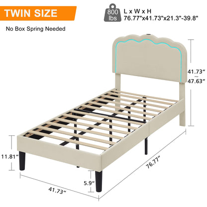 VECELO Upholstered Twin Bed Frame with Headboard Adjustable, LED Lights, USB-A & Type-C, Velvet Platform Bed Noise Free, Mattress Foundation with Wooden Slats, No Box Spring Needed, Beige