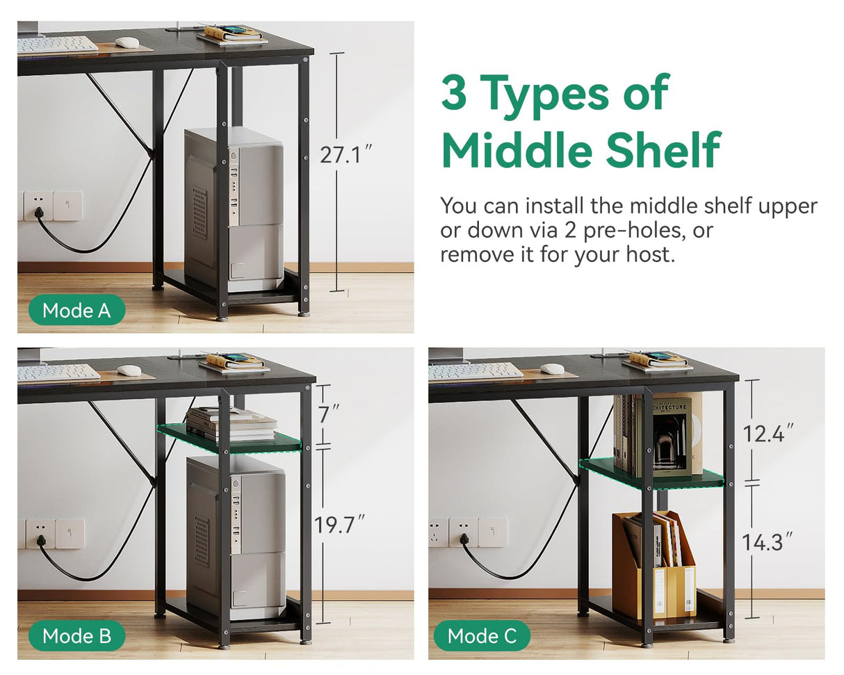 AODK 51 Inch Computer Desk with Fabric Drawers & USB Power Outlets, Reversible Home Office Desk with Storage Shelves, Work from Home, Modern Work/Writing/Study Table for Bedroom, Black AODK