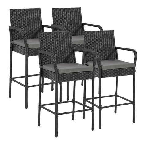 ECOTOUGE Patio Wicker Barstools Set of 4, Outdoor Rattan Bar Height Chairs with Armrest & Backrest, Soft Cushion, Footrests, All-Weather Furniture for Backyard, Pool, Garden, Deck, Black ECOTOUGE