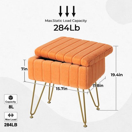 Greenstell Vanity Stool Chair Faux Fur with Storage, 15.7"L x 11.8"W x 19.4"H Soft Ottoman 4 Metal Legs with Anti-Slip Feet, Furry Padded Seat, Modern Multifunctional Chairs for Makeup, Bedroom,Orange GREENSTELL