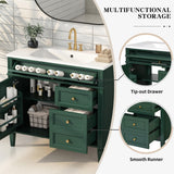 36'' Bathroom Vanity with Top Single Resin Sink Countertop, Solid Wood Frame Modern Storage Cabinet, Tip-Out Drawer, Soft Closing Doors, Green Merax